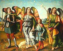 3 Erzengel führen Tobias, Bild von Francesco Botticini, zw. 1466 – 1497 Bayerische Staatsgemäldesammlung